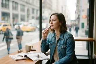 Femme utilisant une cigarette électronique dans un café moderne