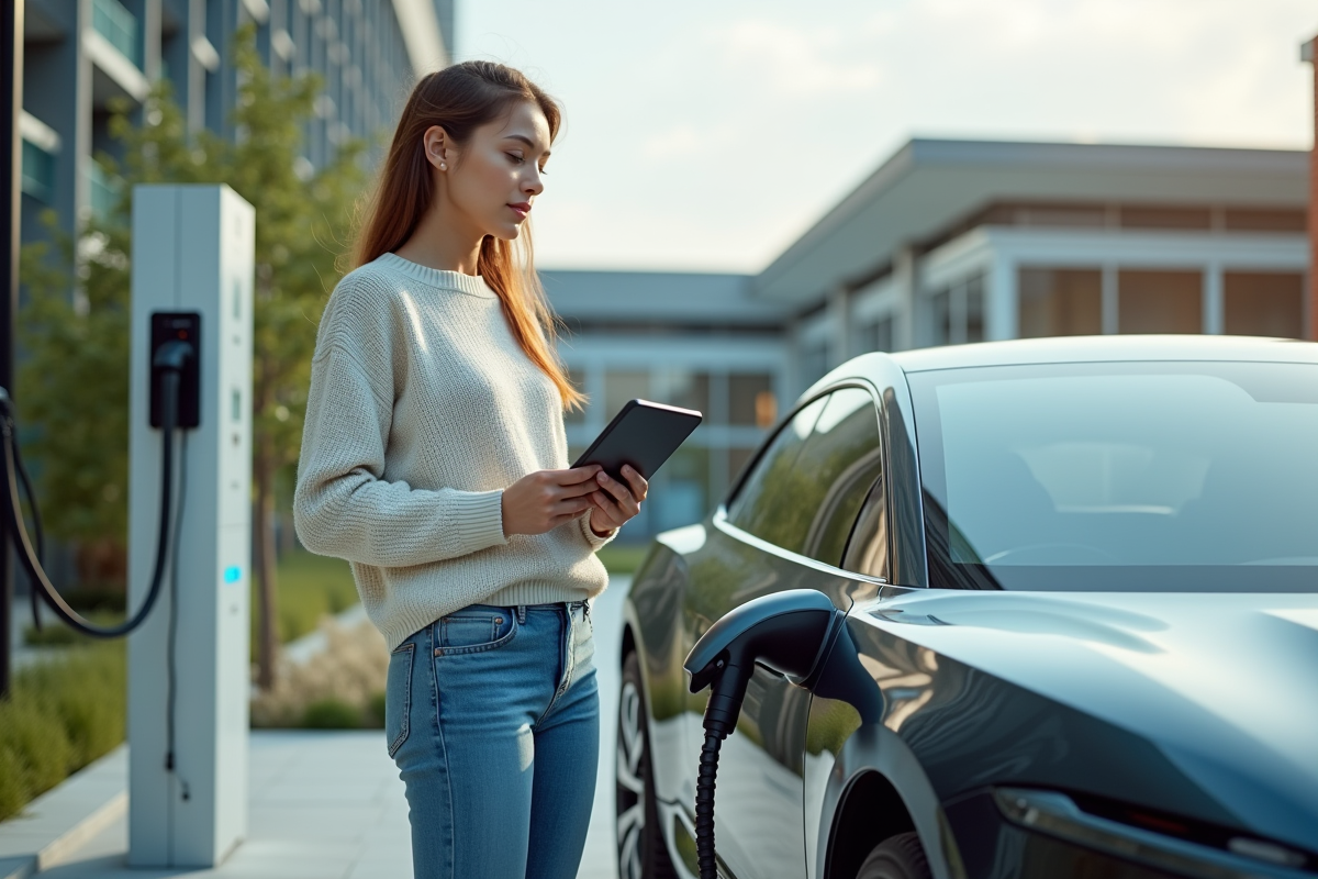 Jeune femme regarde une voiture a hydrogene en station de recharge
