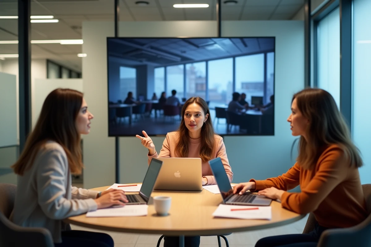 Trois femmes expertes en réunion éditoriale dans une agence de médias, discutant de leur représentation à la télévision