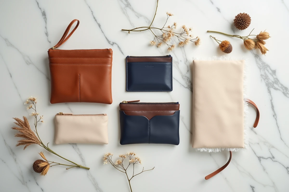 Composition flat-lay des accessoires en cuir signature de la marque Faubourg de Paris sur marbre blanc, incluant pochette, porte-cartes et sac structuré