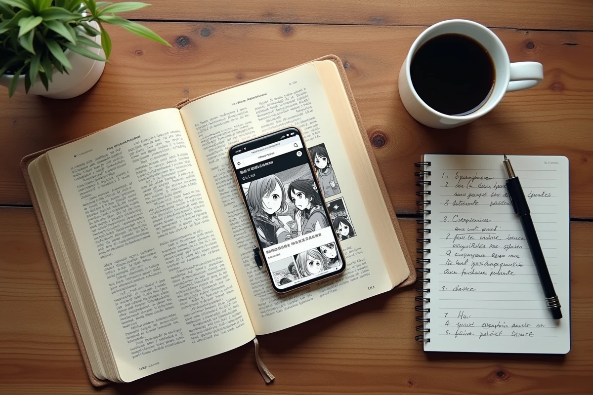 Vue de dessus d'une table avec un manga japonais, un smartphone affichant un site de scans et des notes manuscrites sur les risques juridiques