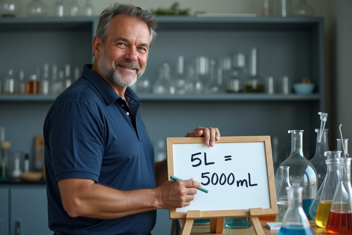 Professeur de sciences écrivant la formule de conversion 5 litres égal 5000 millilitres sur un tableau blanc dans un laboratoire scolaire