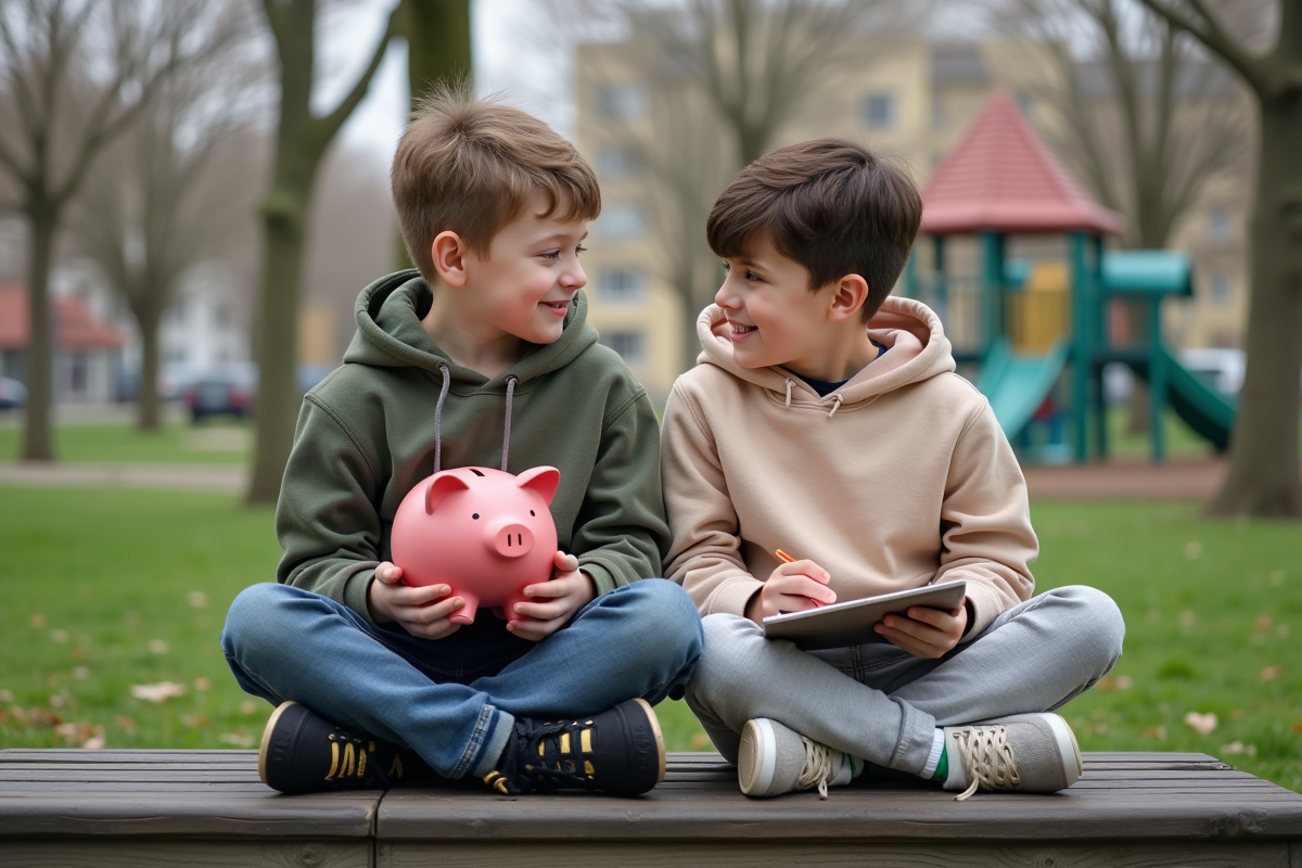 Deux frères discutent sur un banc dans un parc urbain