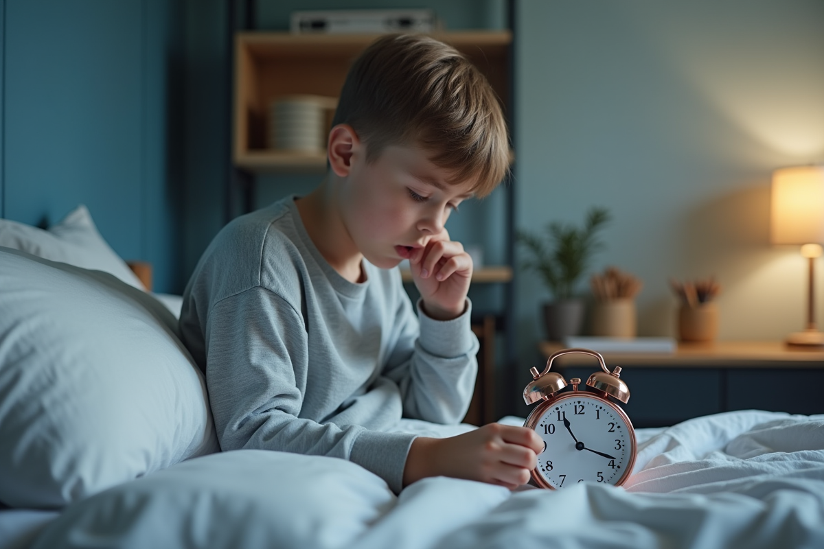 Adolescent ajustant un réveil rose or dans sa chambre calme