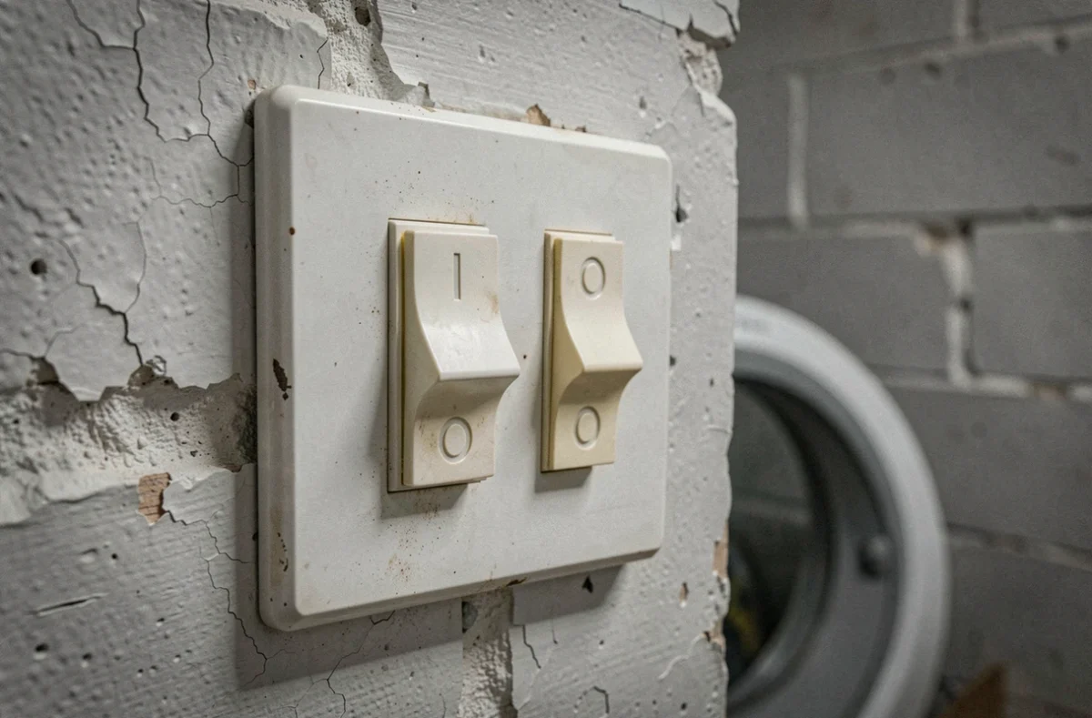 Gros plan sur deux interrupteurs électriques en position I et O sur un mur en béton dans une buanderie