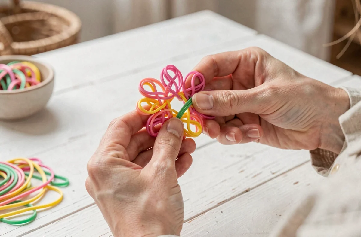 Gros plan sur des mains adultes tenant un scoubidou fleur inachevé avec un nœud mal serré, illustrant une erreur courante de débutant