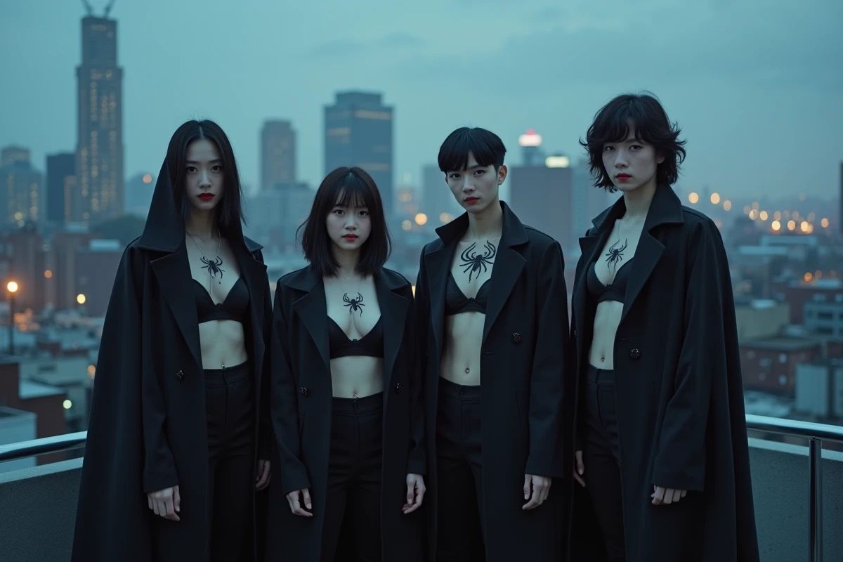Groupe de cosplayeurs en costumes de la Brigade Fantôme de Hunter x Hunter sur un toit industriel avec panorama urbain