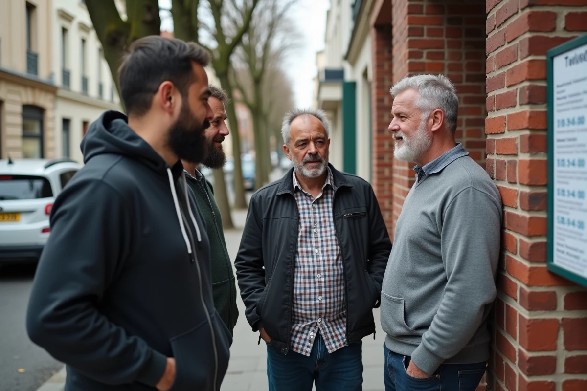Groupe d'hommes consultant les horaires de prière affichés devant une mosquée à Argenteuil