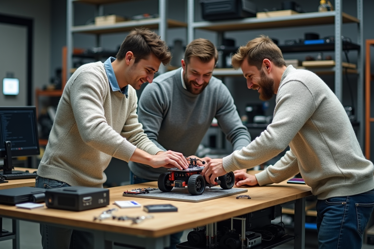 Groupe d hommes assemblant un prototype de robot dans un makerspace