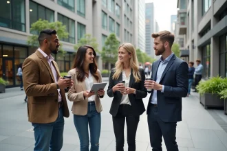 Groupe d'adultes urbains en discussion dans une place moderne