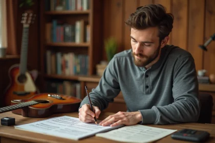 Guitariste écrivant une tablature à la main sur du papier à portées dans un studio à domicile chaleureux