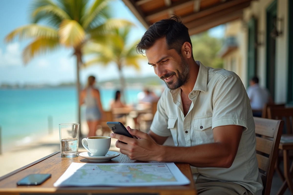 Homme consultant l'heure sur son smartphone dans un café en bord de mer à Nouméa, Nouvelle-Calédonie