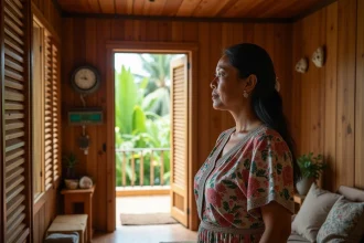 Femme kanak regardant l'heure sur une horloge murale dans une maison traditionnelle de Nouvelle-Calédonie