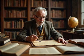 Historien examinant une carte ancienne du XIXe siècle liée à la Destinée Manifeste dans une salle d'archives universitaire