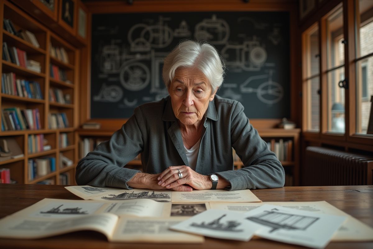Historienne examinant des documents et croquis de moteurs à eau