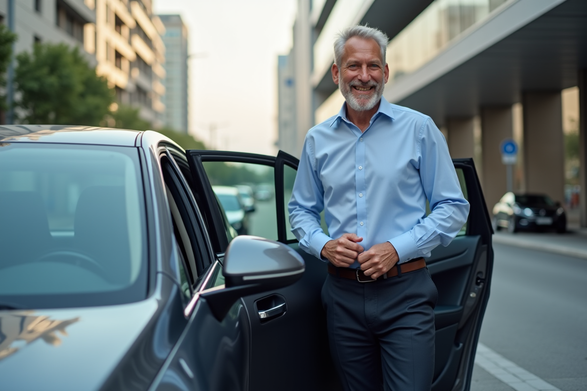 Homme d affaires sortant de sa voiture en ville