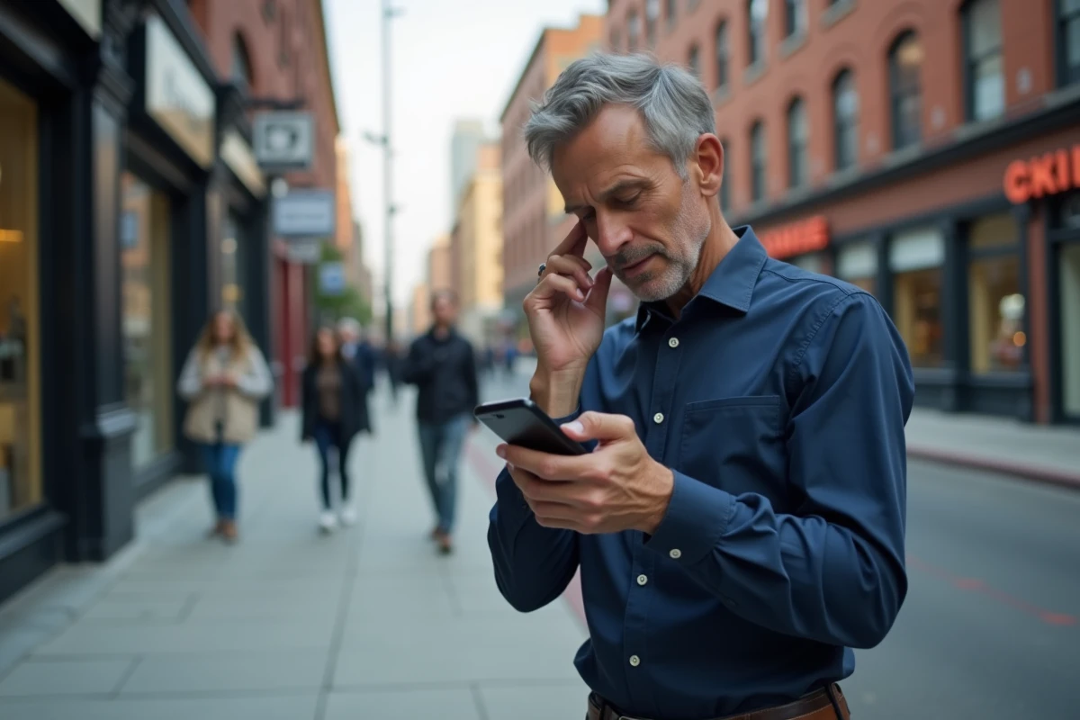 Homme en ville consultant son smartphone pour utiliser le service 118 712