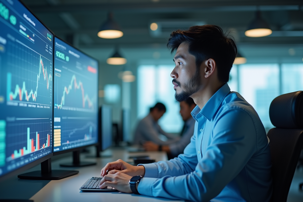 Homme asiatique étudie des graphiques financiers en bureau