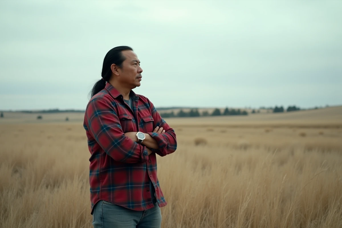Homme amérindien contemplant les Grandes Plaines, symbole des terres perdues pendant l'expansion américaine du XIXe siècle
