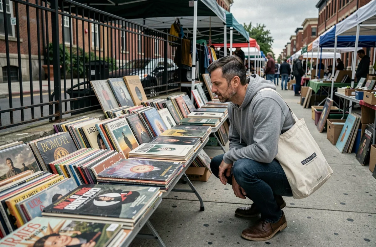 Homme inspectant des livres et des vinyles d'occasion sur une table de braderie urbaine un dimanche matin
