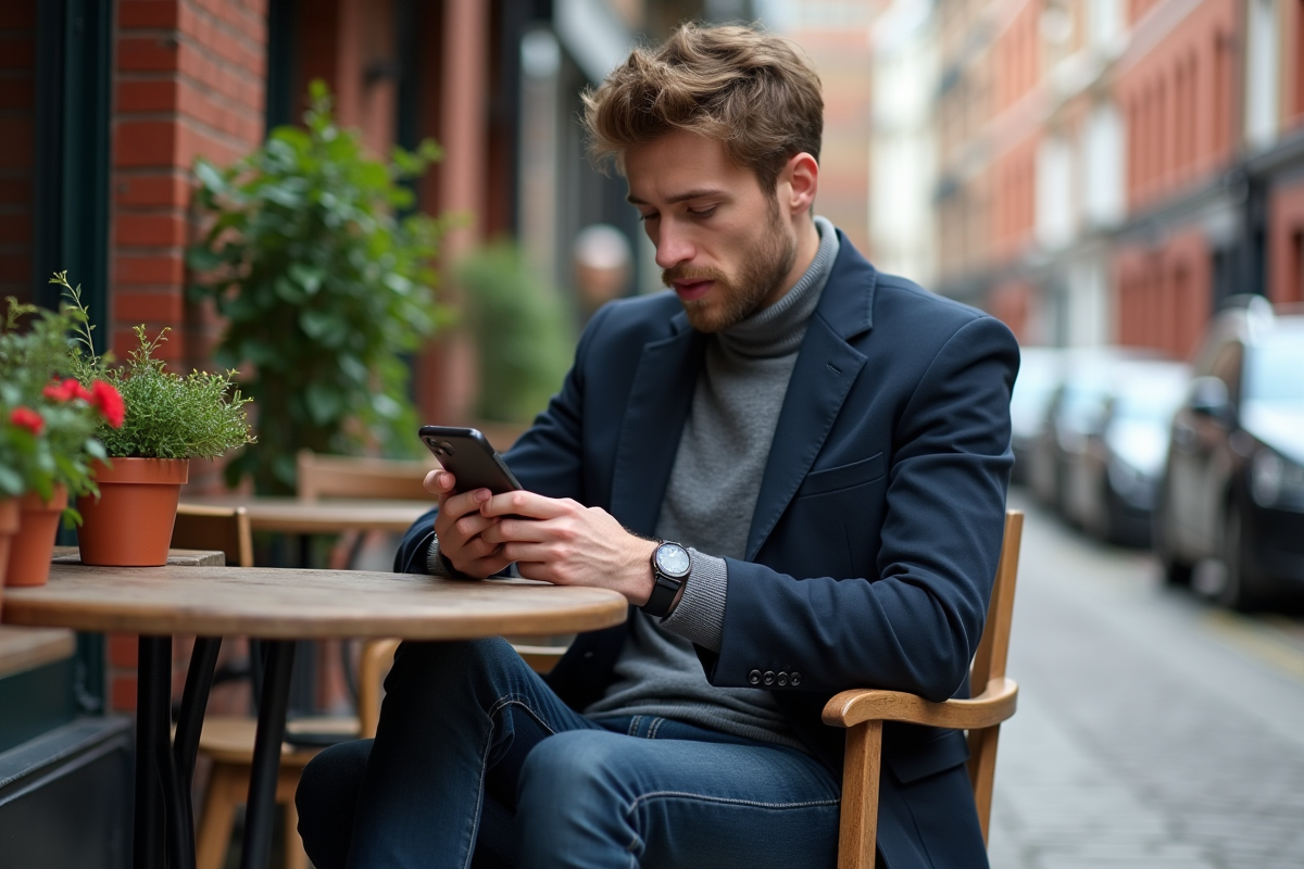 Jeune homme en blazer navy sur une terrasse londonienne