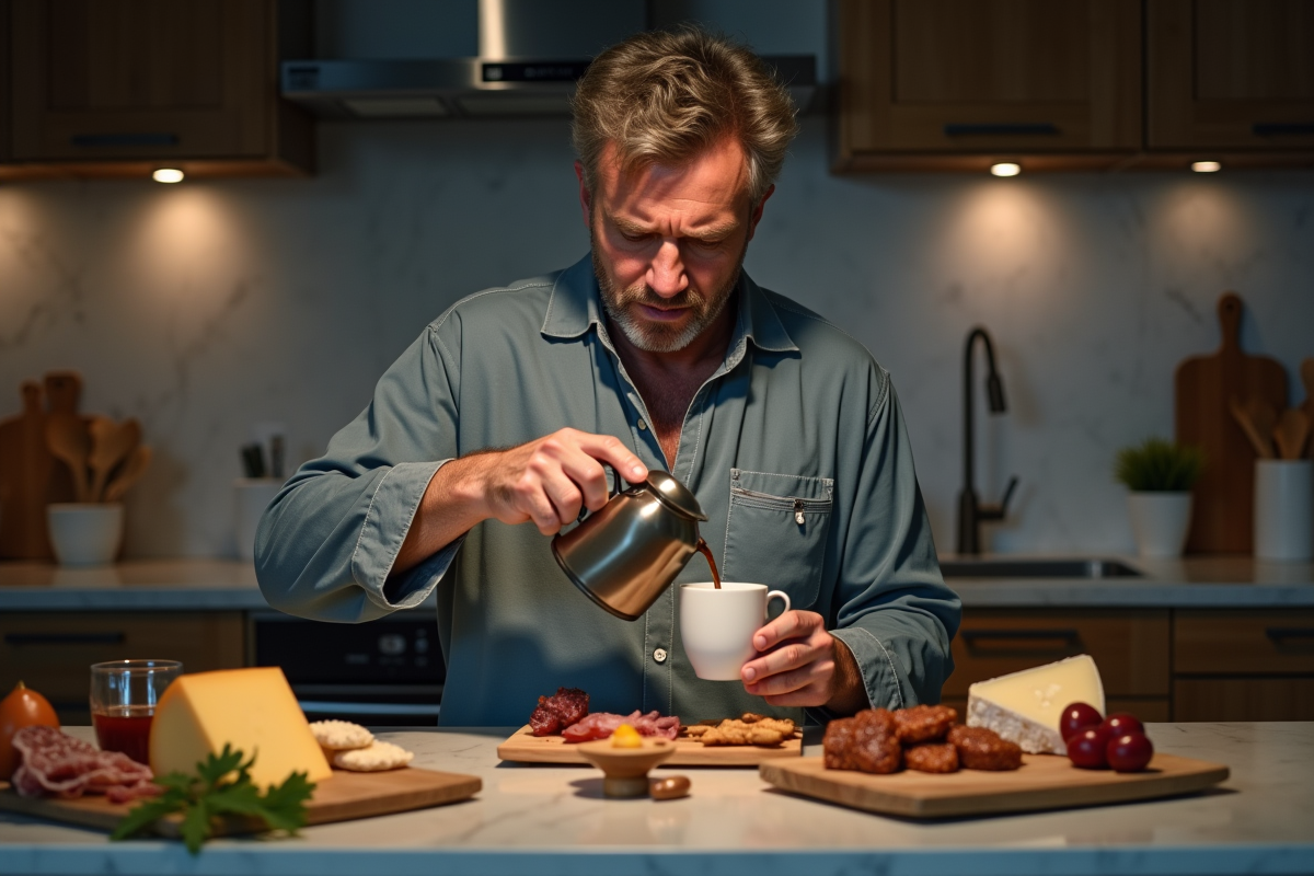 Homme âgé versant café dans la cuisine la nuit