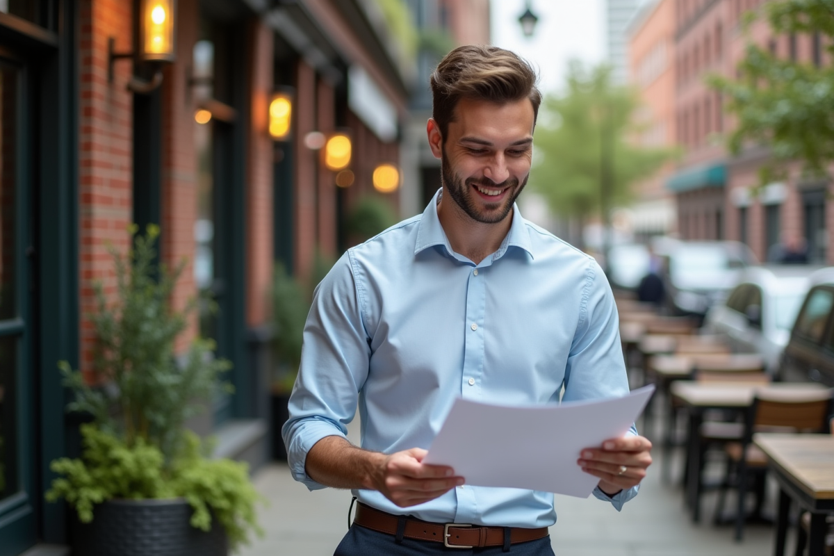 Homme en chemise examinant une proposition de collaboration en extérieur