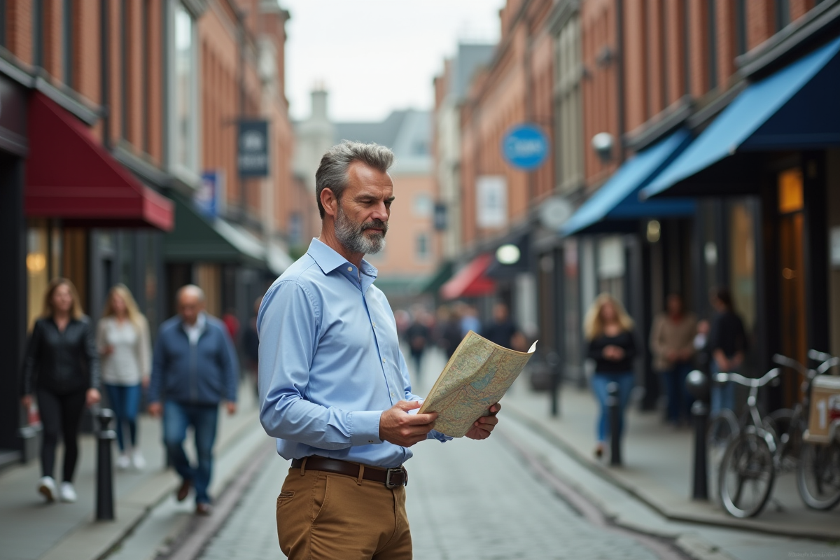 Homme regardant une carte en ville animée