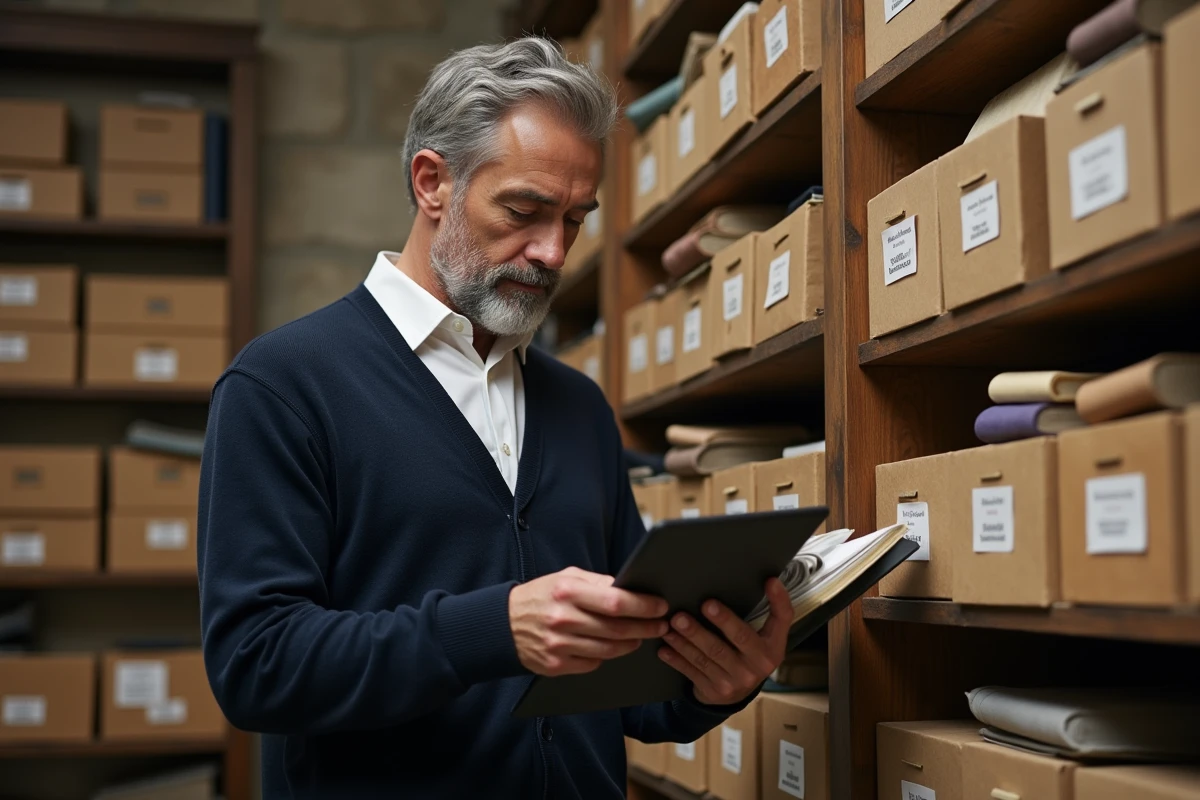 Homme consultant un catalogue papier d'archives dans l'arrière-boutique d'un établissement artisanal aux étagères en bois chargées de dossiers