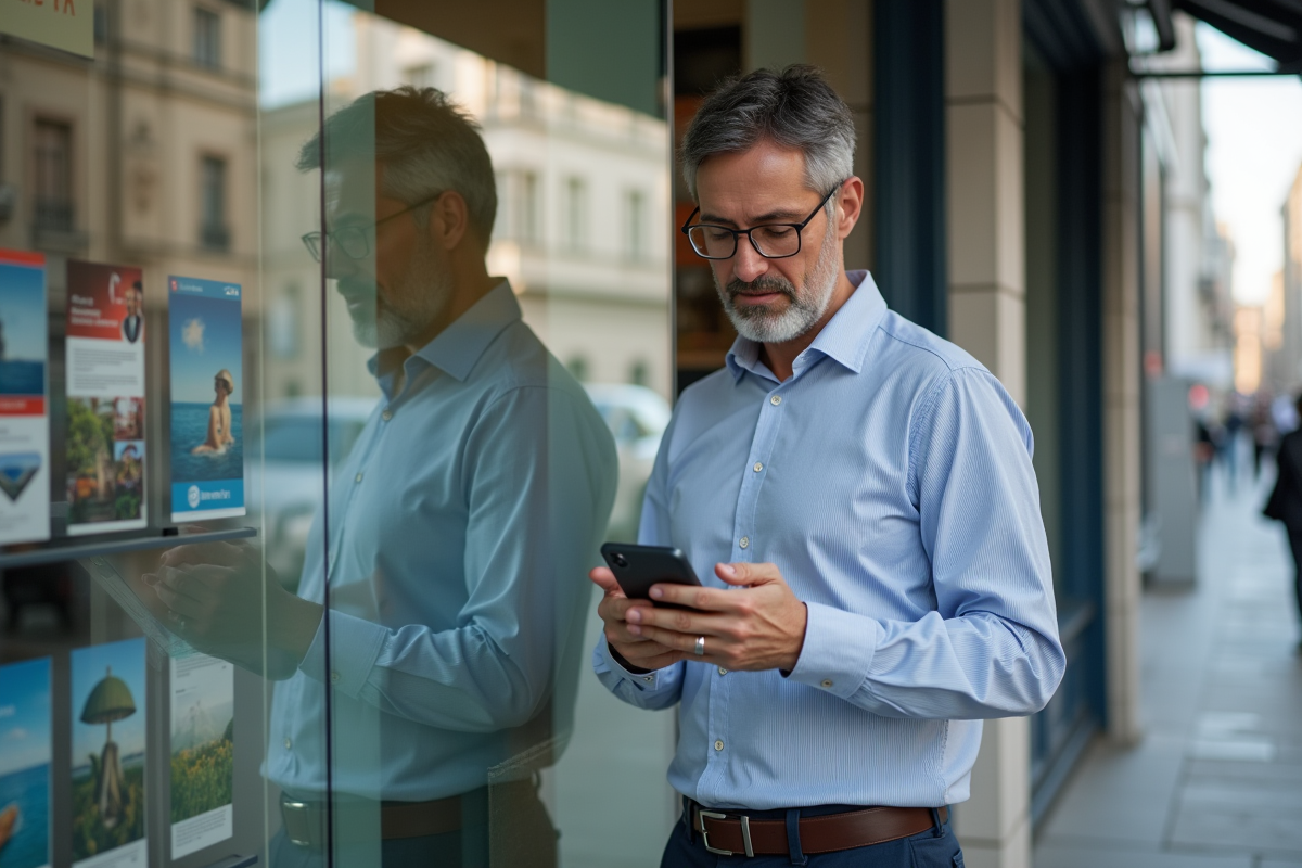 Homme regarde brochures de voyage près de la vitrine
