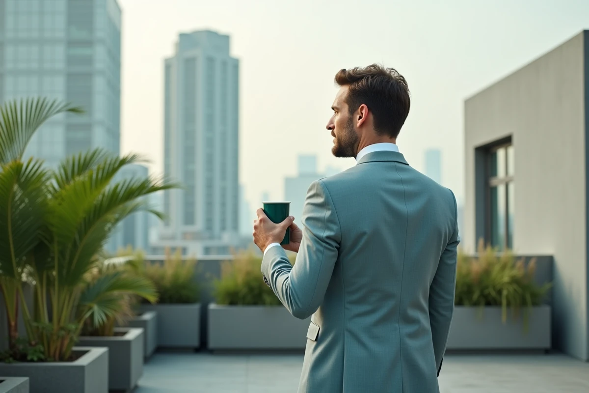 Homme en costume bleu dans un jardin urbain sur un toit