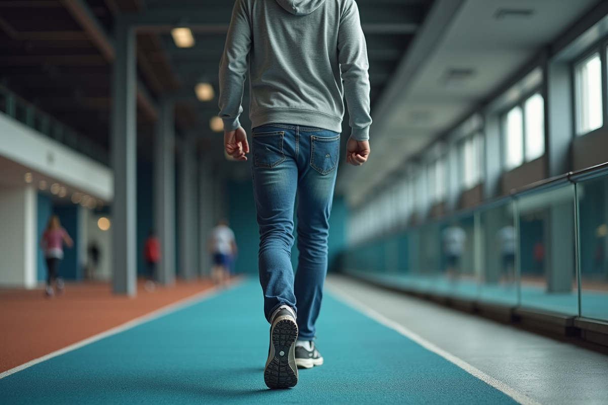 Homme en course dans une salle de sport moderne