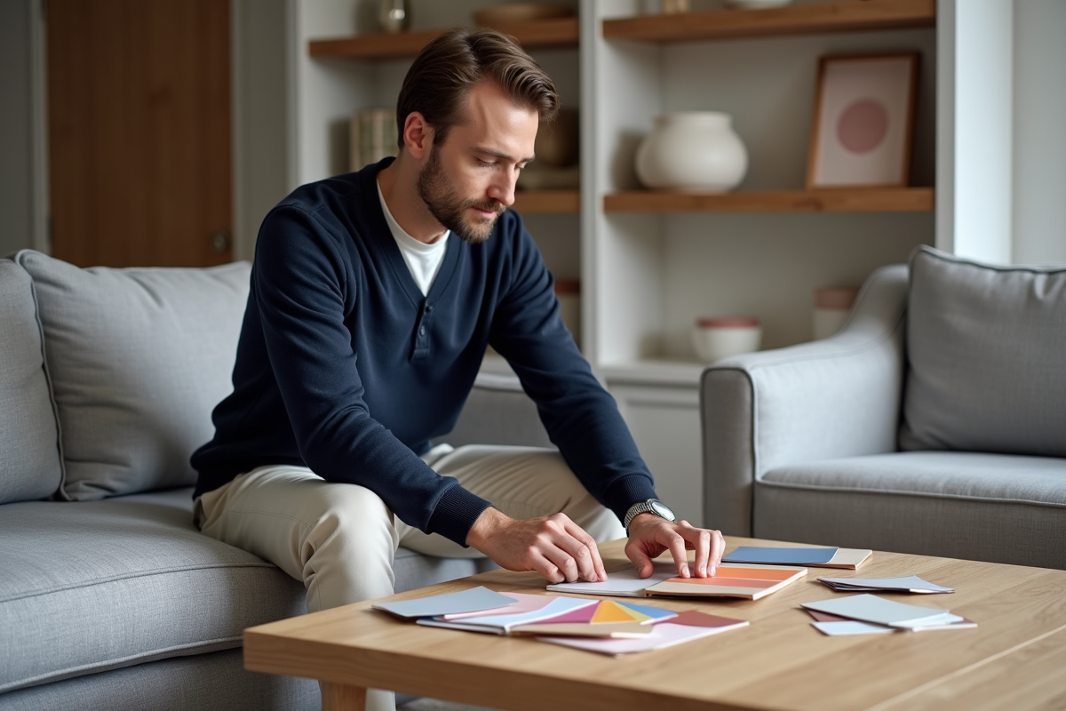 Homme arrangeant des échantillons de couleurs dans un salon moderne