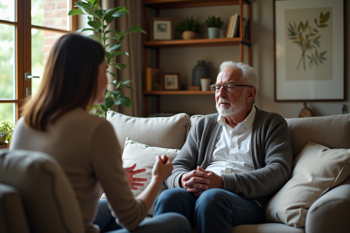 Homme âgé discutant avec une femme dans un salon accueillant