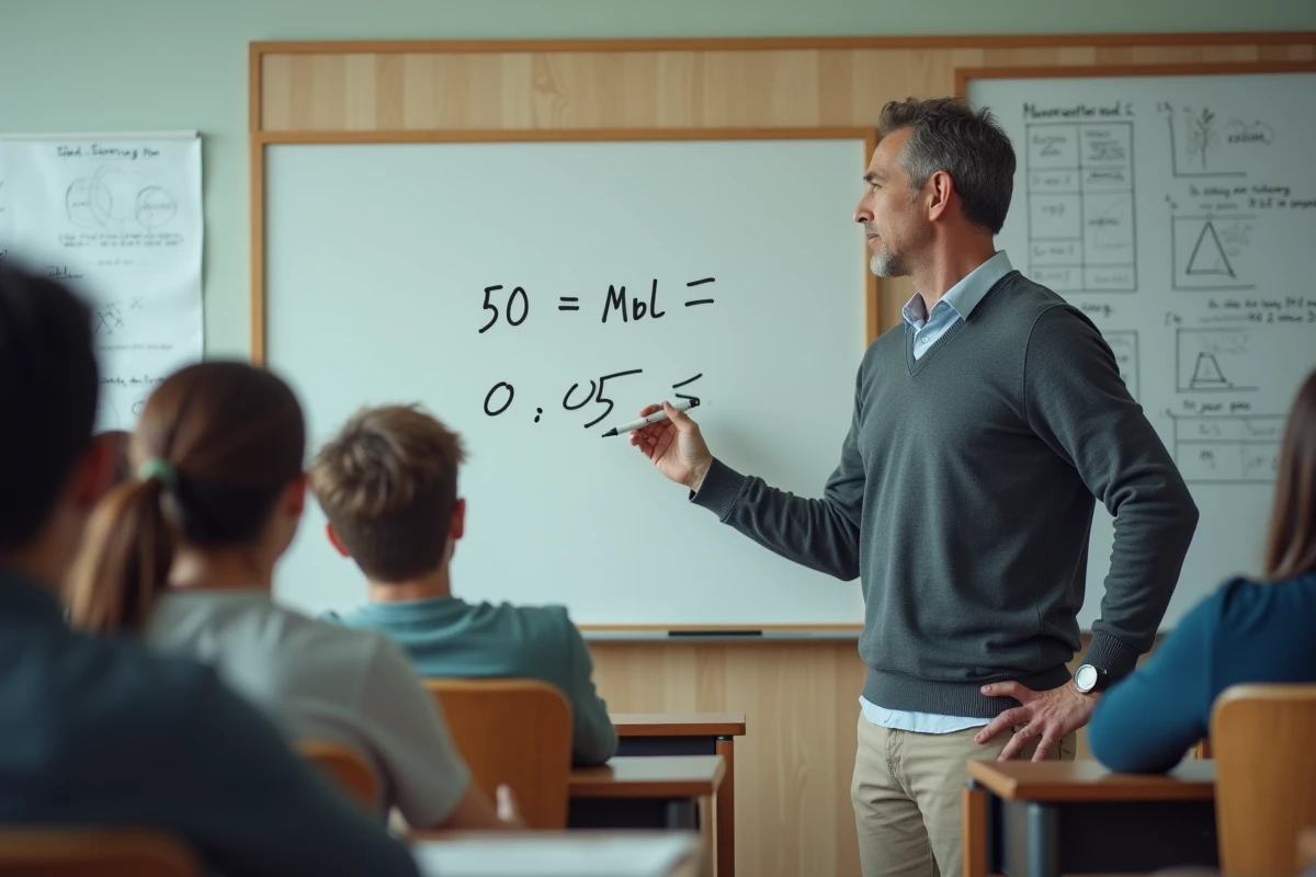 Homme écrivant une équation sur un tableau blanc en classe