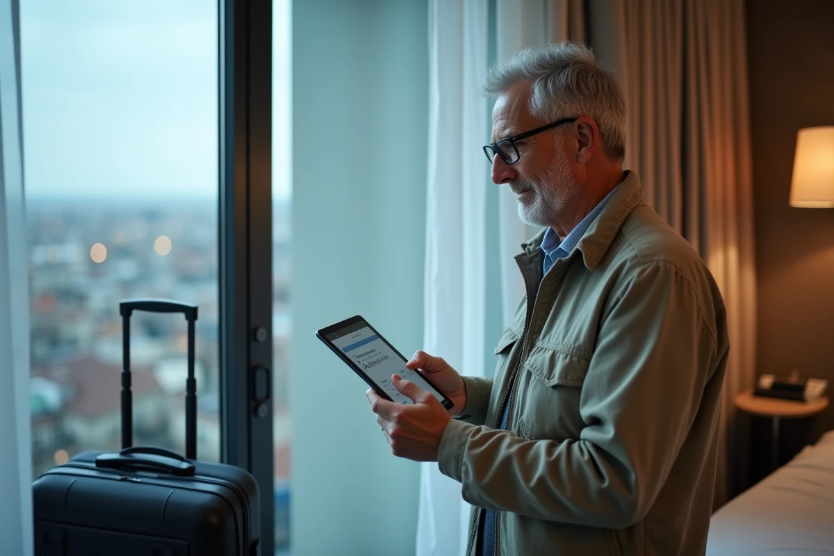 Homme en déplacement à l'étranger consultant une page de contact de service bricolage français sur tablette