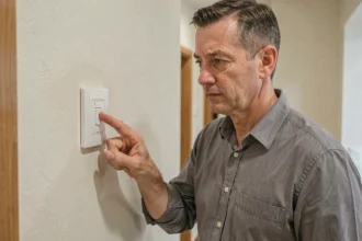 Homme examinant un interrupteur électrique mural avec la position I activée dans un couloir d'appartement moderne