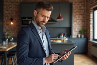 Homme confiant regardant des graphiques de location