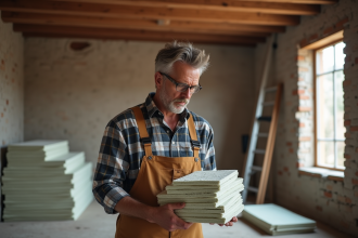 Homme en overalls inspectant l'isolation dans une pièce en construction
