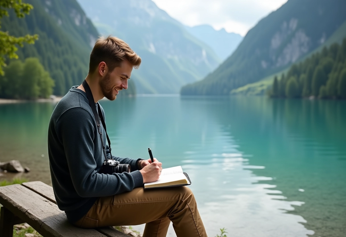 Homme au lac en Slovénie prenant des notes en nature