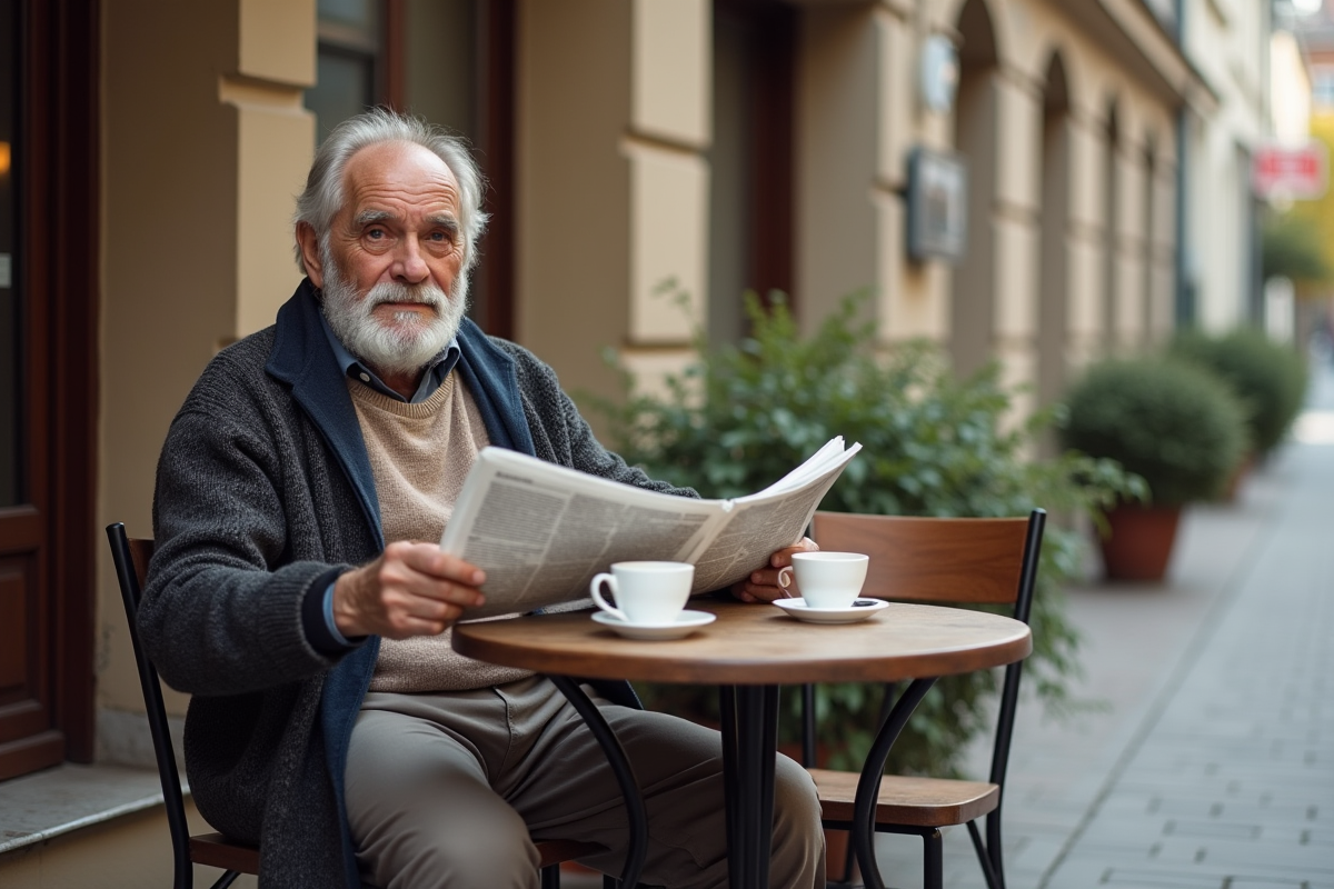 Homme âgé lisant un journal dans un café urbain