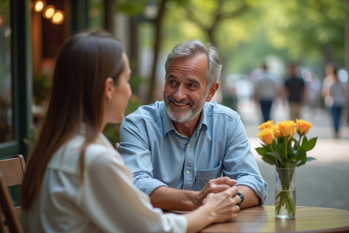 Homme offrant une fleur à une femme dans un parc en ville