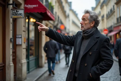 Homme parisien pointant un panneau ancien dans un faubourg