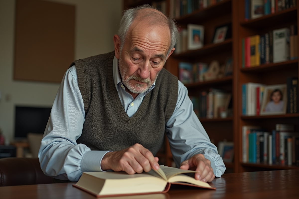 Homme âgé rangeant un billet dans un livre sur une étagère