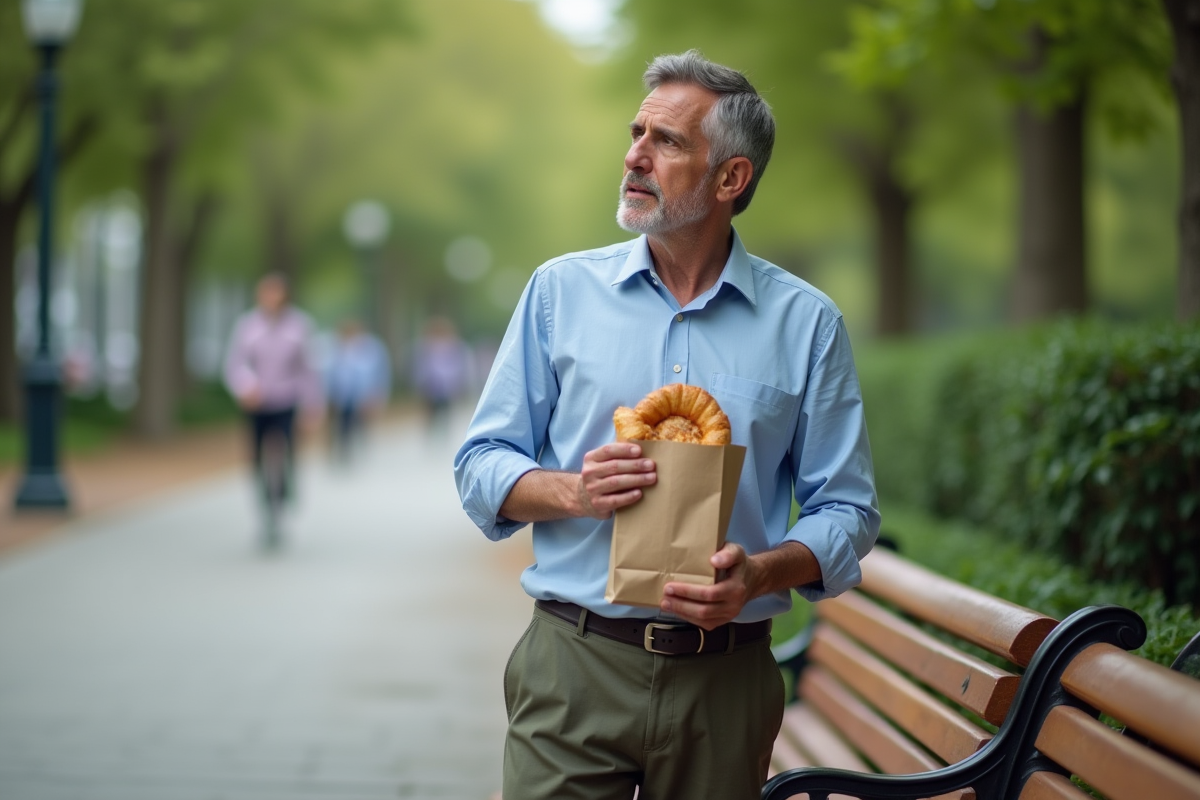 Homme pensif avec un pastry dans un parc urbain