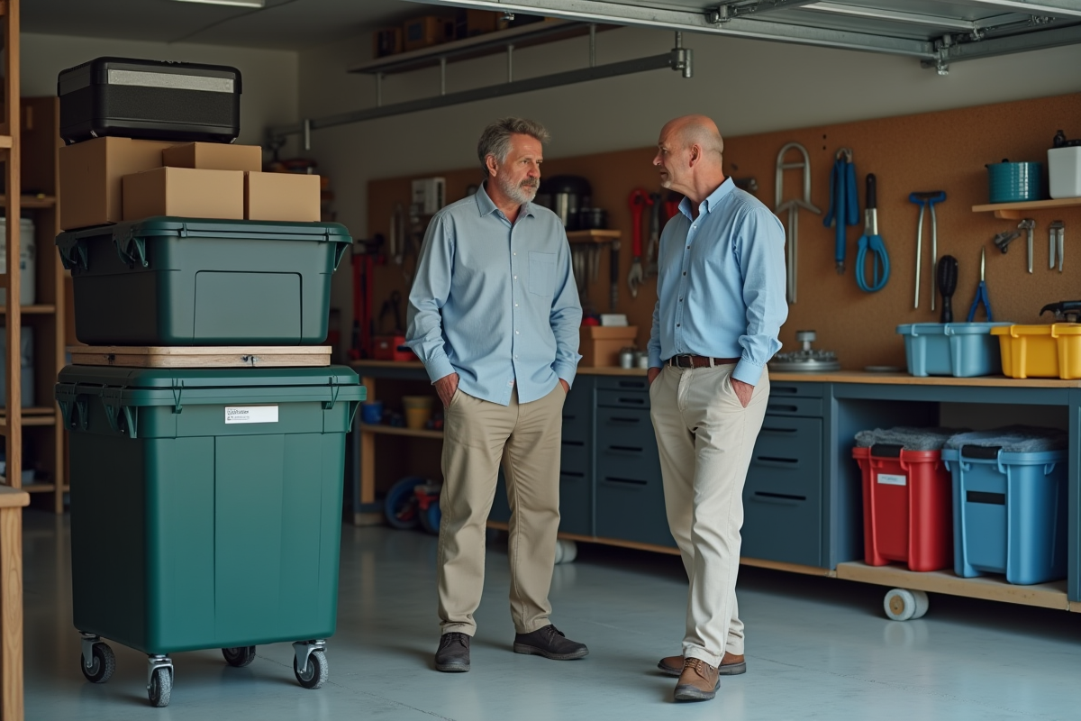 Homme rangeant des containers dans un garage pratique