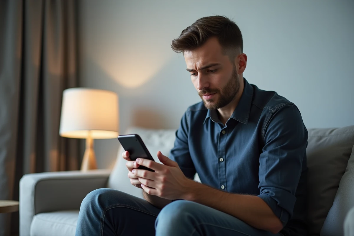 Homme lisant les règles d'un chat radio en ligne sur son smartphone dans un salon moderne
