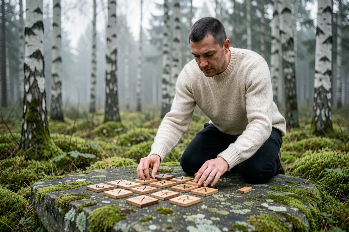 Homme arrangeant des runes en bois sur une pierre mousseuse dans une forêt nordique pour une interprétation spirituelle