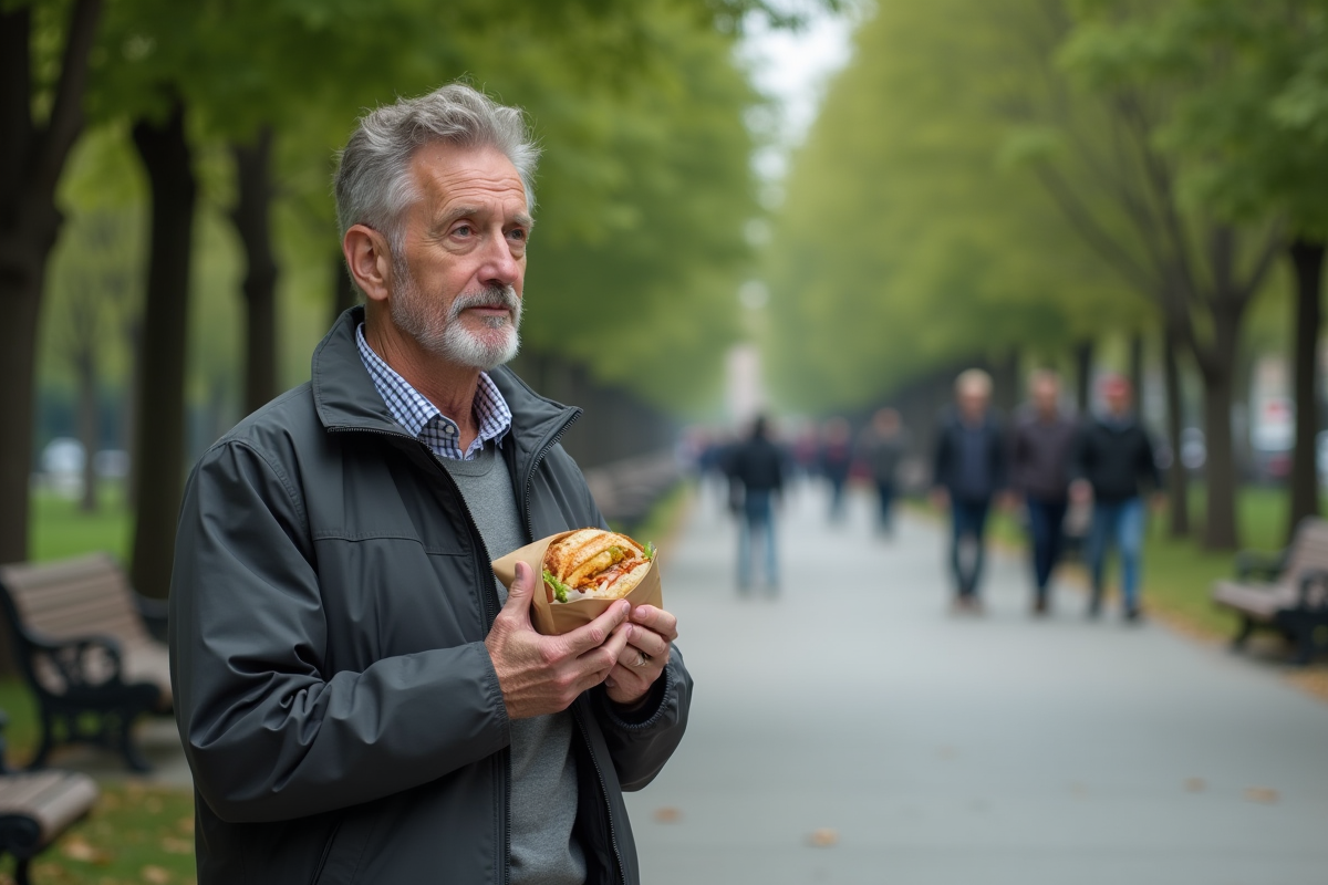 Homme avec sandwich dans un parc urbain en plein air