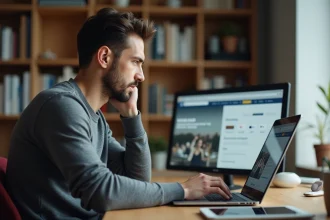 Homme sceptique devant un ordinateur affichant plusieurs noms de sites web différents, illustrant la confusion liée aux changements de nom de Yakriv
